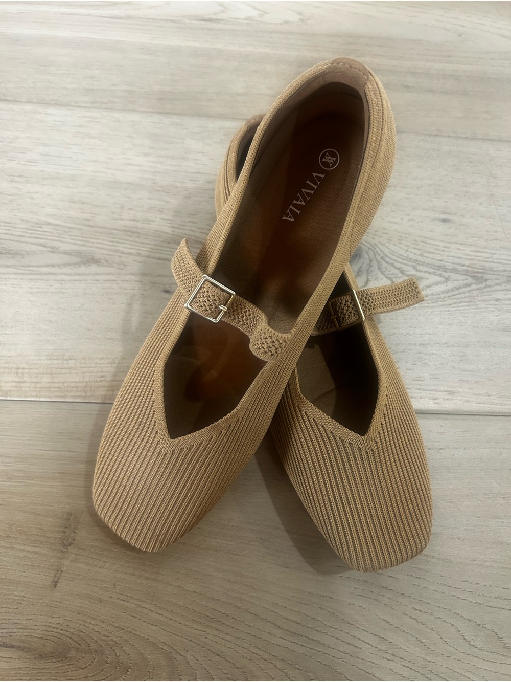 Vivaia Margot Square Toe Mary Jane Flats Women 41EU Almond Beige Ribbed Knit